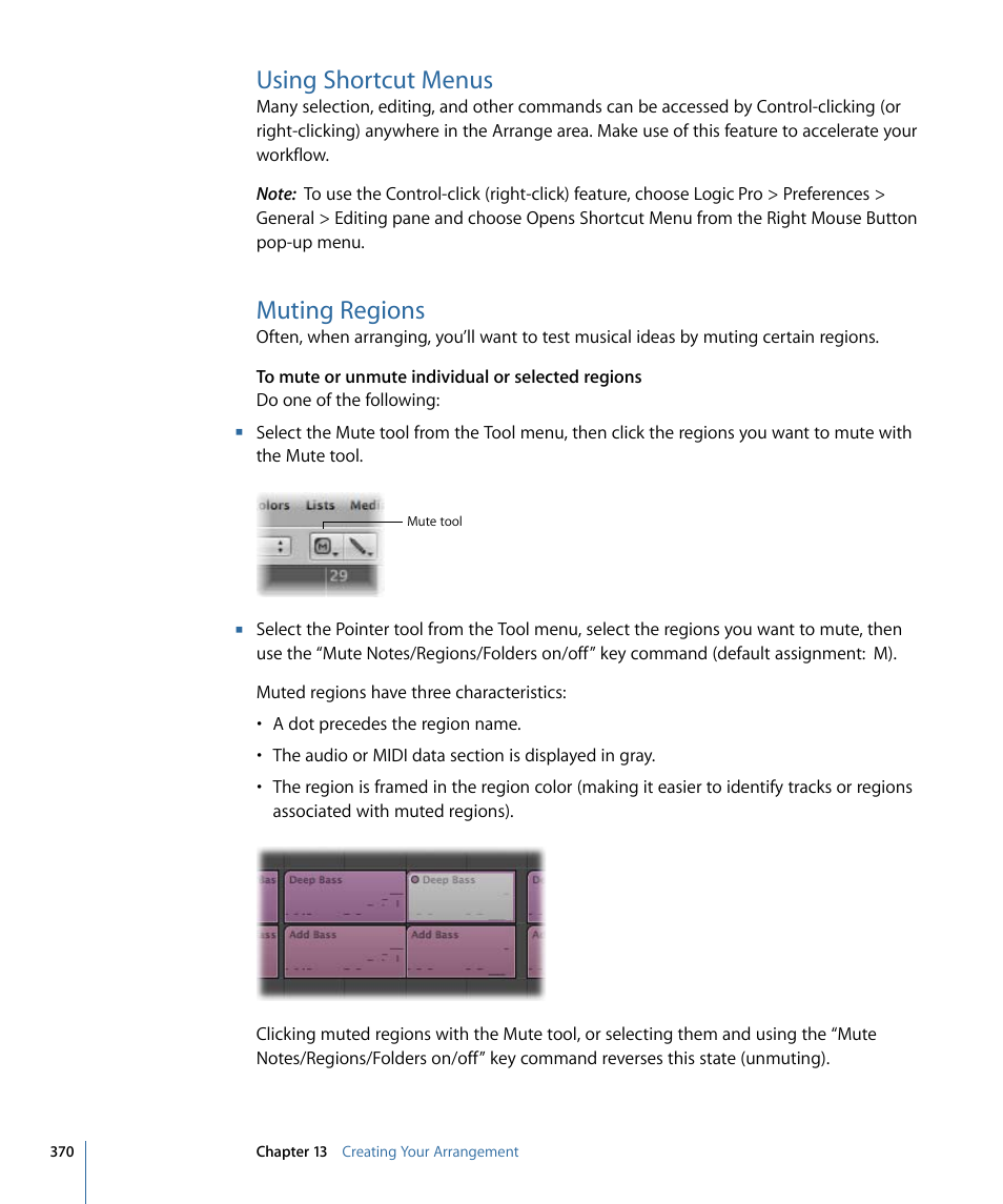 Using shortcut menus, Muting regions | Apple Logic Pro 9 User Manual | Page 370 / 1340