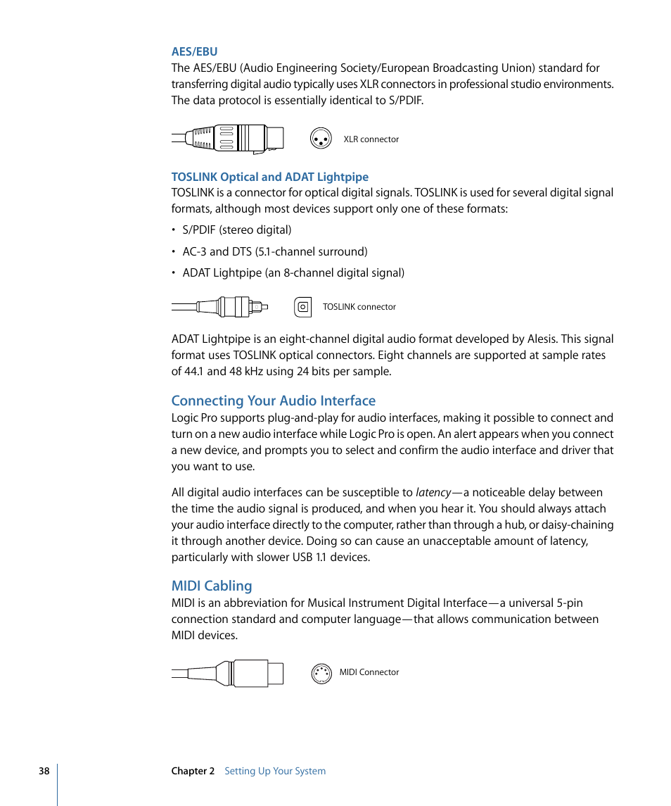 Aes/ebu, Toslink optical and adat lightpipe, Connecting your audio interface | Midi cabling | Apple Logic Pro 9 User Manual | Page 38 / 1340