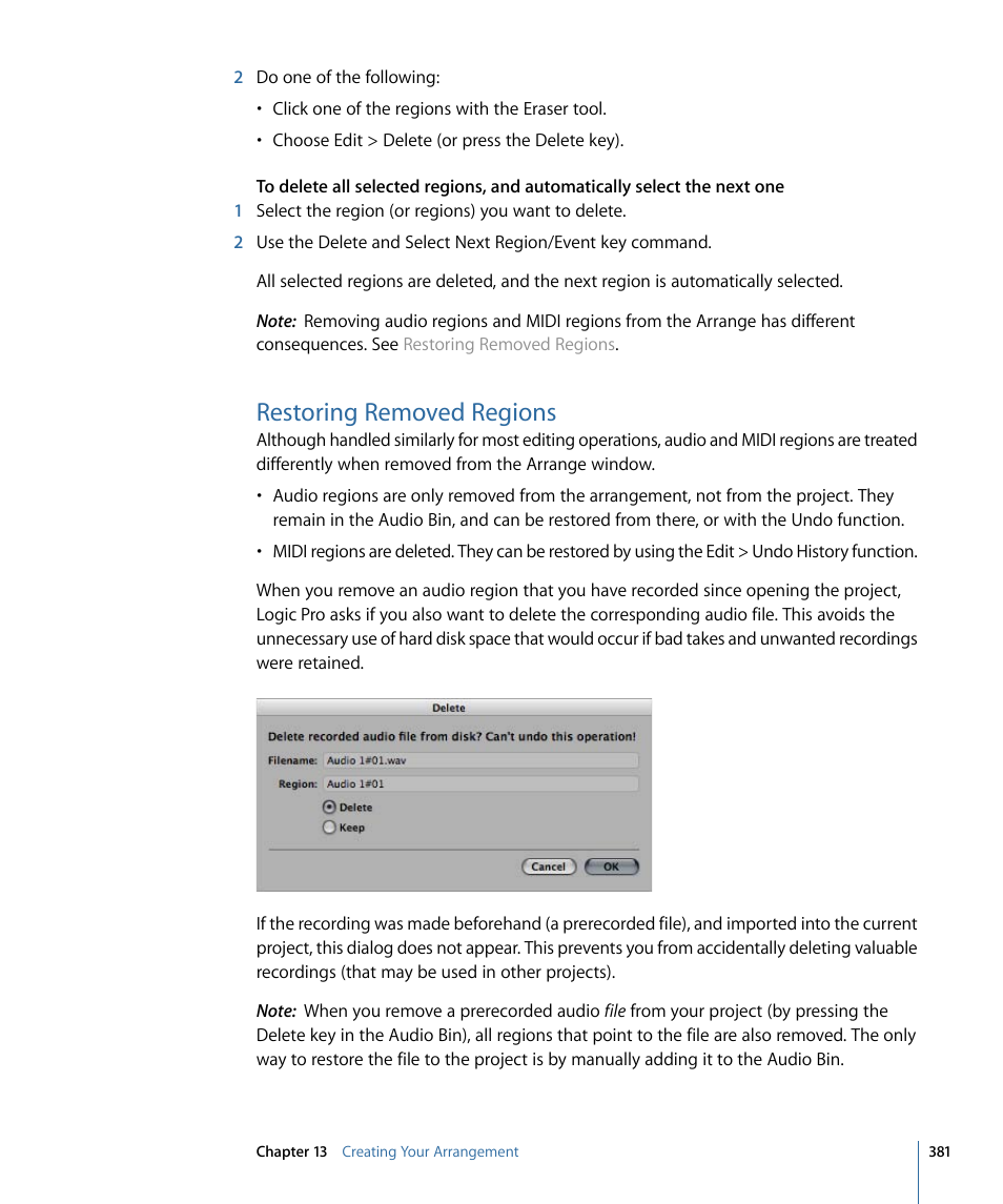 Restoring removed regions | Apple Logic Pro 9 User Manual | Page 381 / 1340
