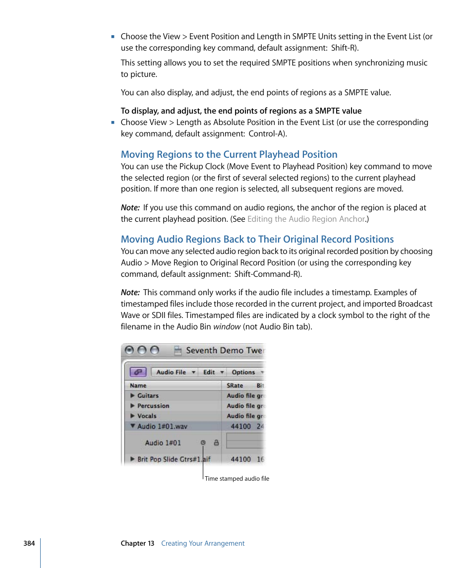 Moving regions to the current playhead position | Apple Logic Pro 9 User Manual | Page 384 / 1340