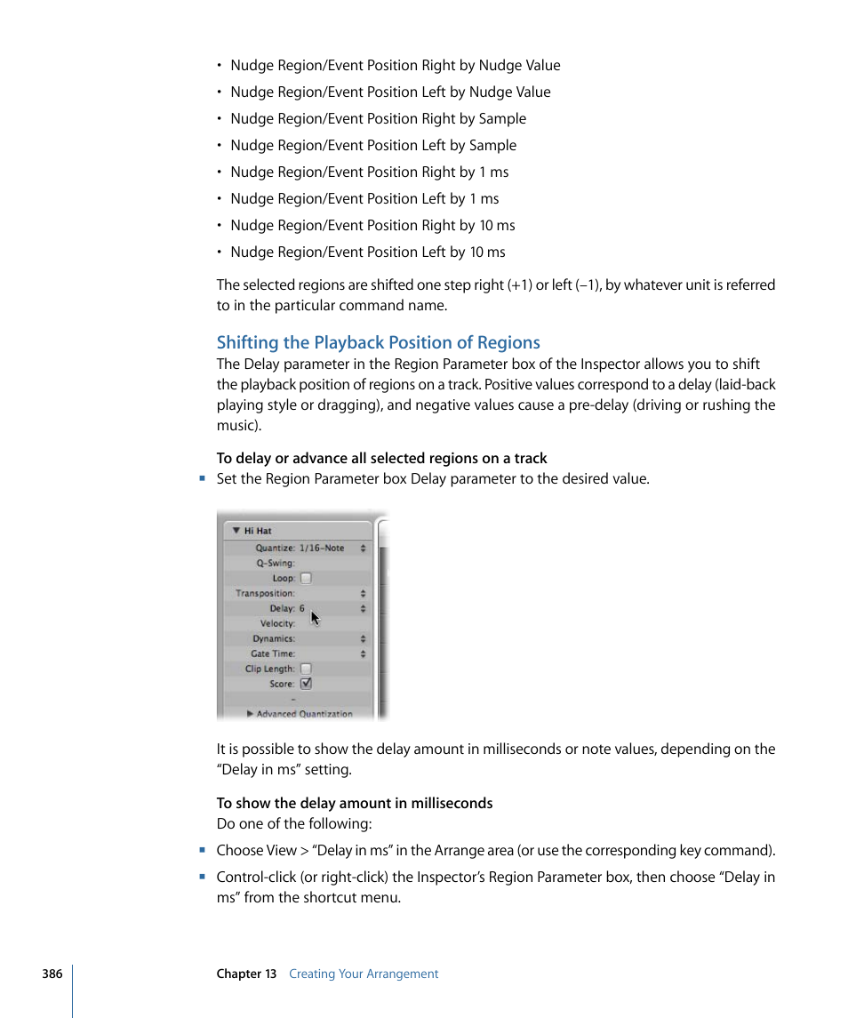 Shifting the playback position of regions | Apple Logic Pro 9 User Manual | Page 386 / 1340