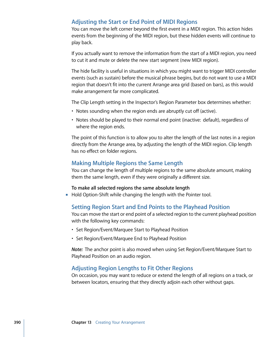 Adjusting the start or end point of midi regions, Making multiple regions the same length, Adjusting region lengths to fit other regions | Apple Logic Pro 9 User Manual | Page 390 / 1340