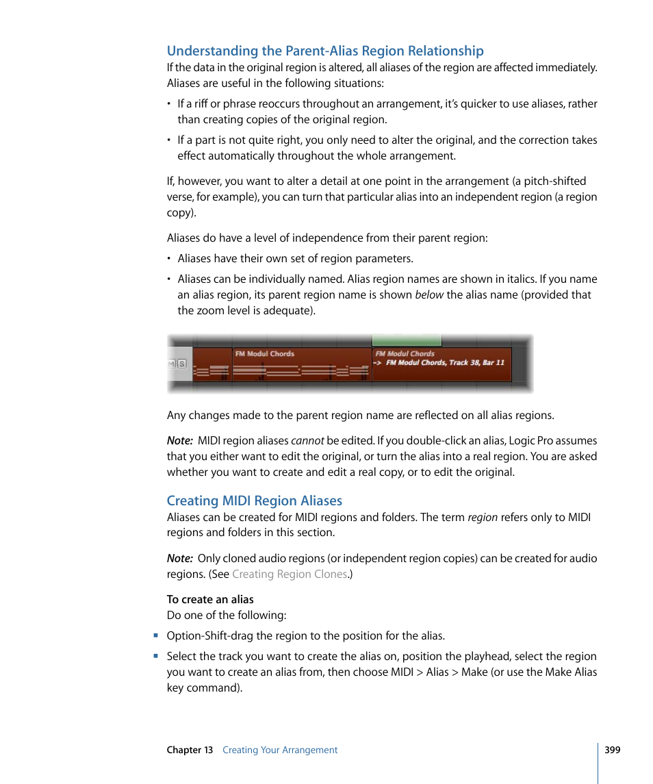 Understanding the parent-alias region relationship, Creating midi region aliases | Apple Logic Pro 9 User Manual | Page 399 / 1340