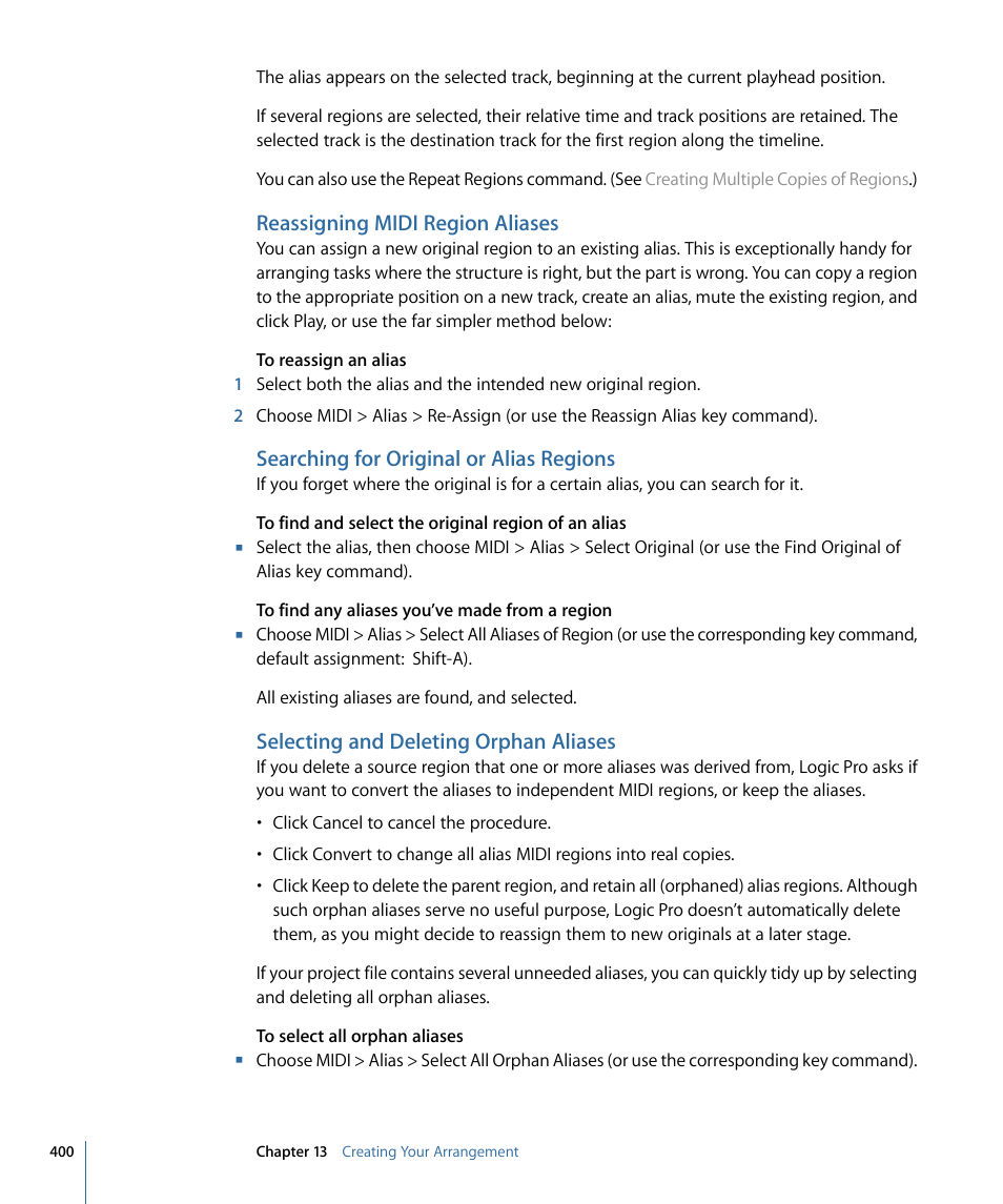 Reassigning midi region aliases, Searching for original or alias regions, Selecting and deleting orphan aliases | Apple Logic Pro 9 User Manual | Page 400 / 1340