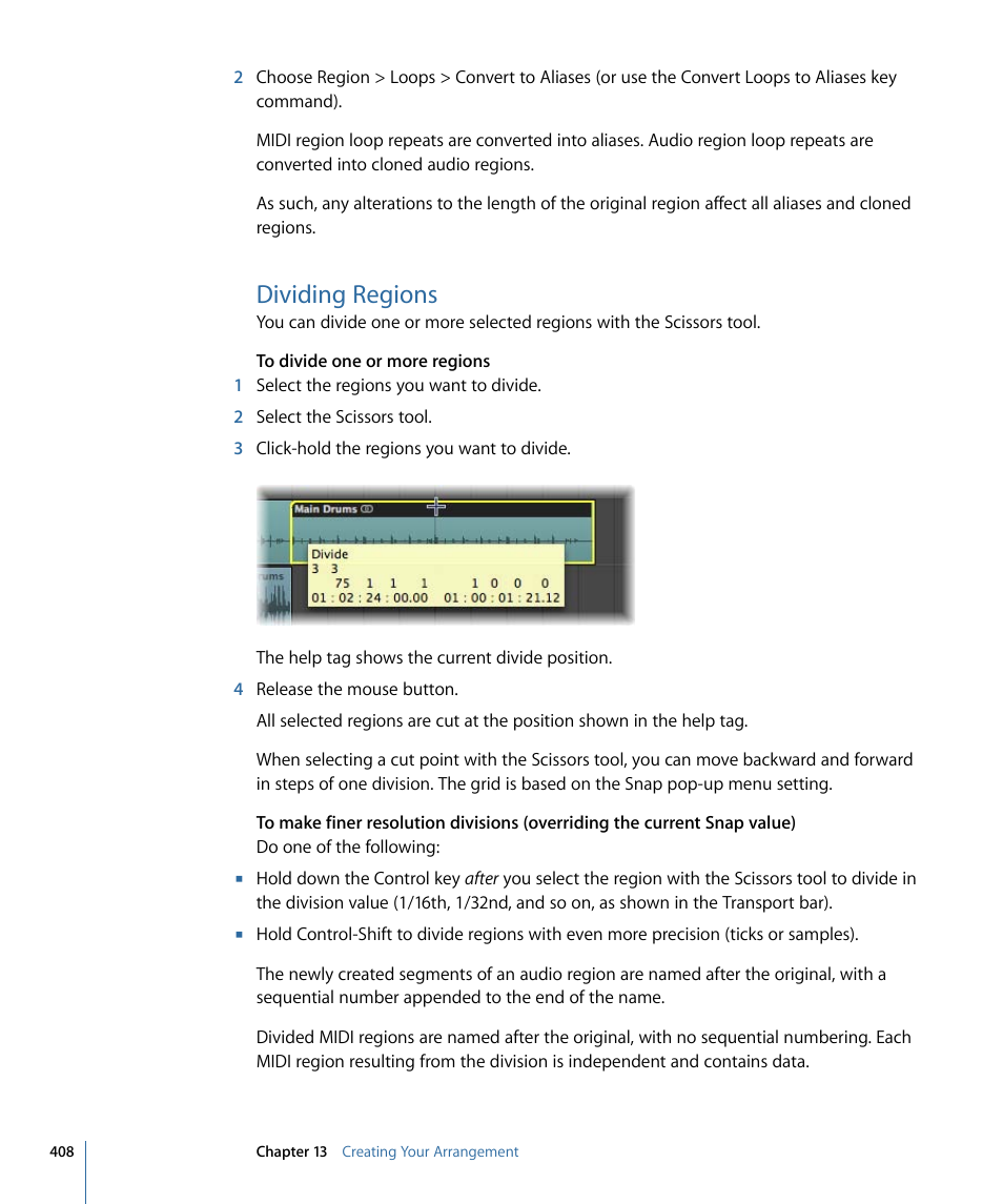 Dividing regions | Apple Logic Pro 9 User Manual | Page 408 / 1340