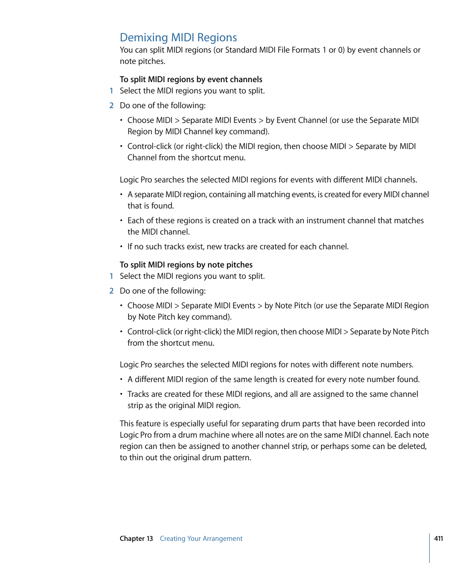 Demixing midi regions | Apple Logic Pro 9 User Manual | Page 411 / 1340