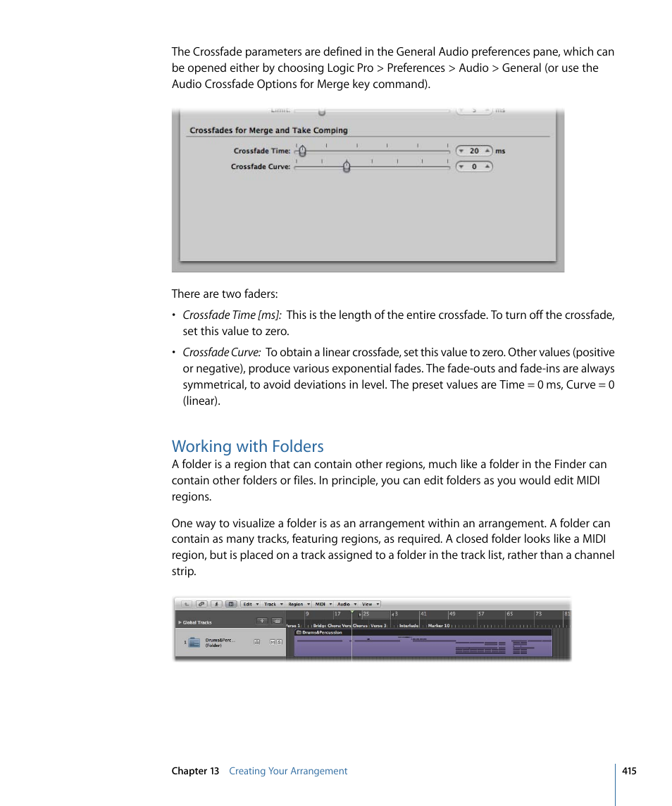 Working with folders, Working, With folders | Apple Logic Pro 9 User Manual | Page 415 / 1340