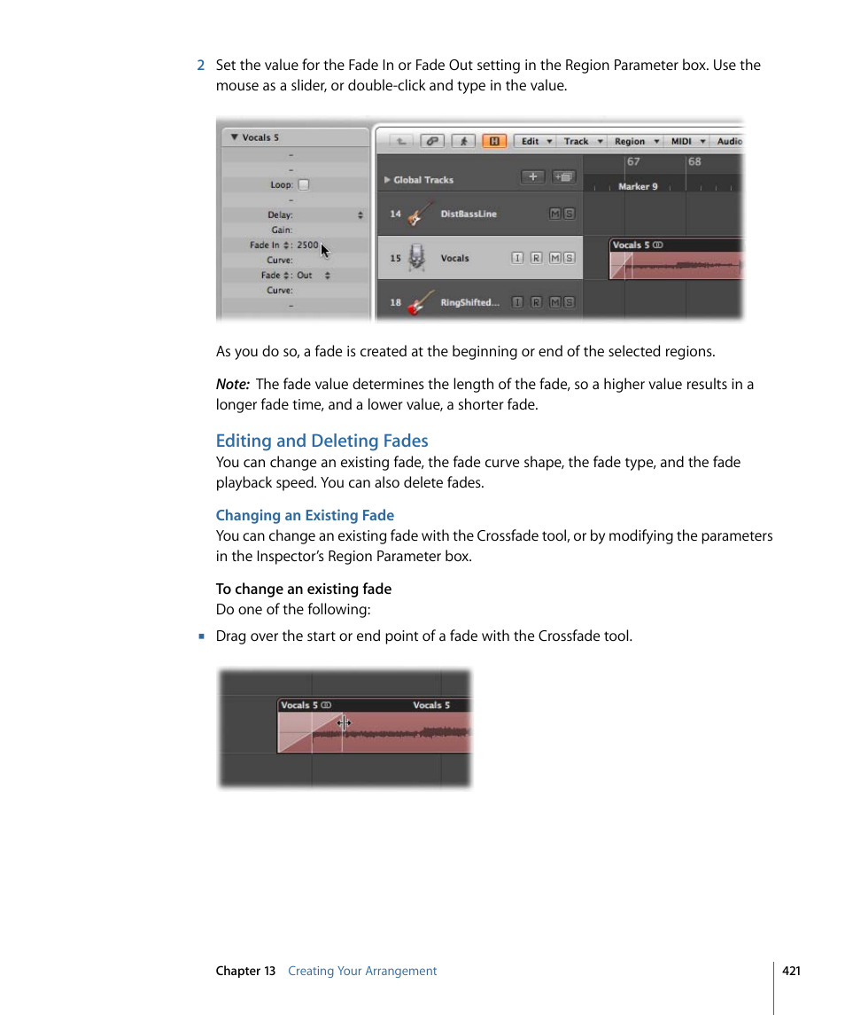 Editing and deleting fades, Changing an existing fade | Apple Logic Pro 9 User Manual | Page 421 / 1340