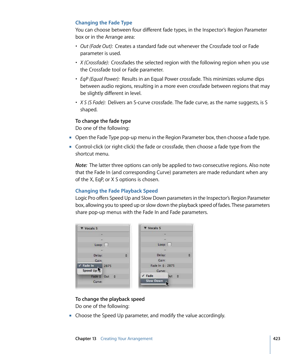 Changing the fade type, Changing the fade playback speed | Apple Logic Pro 9 User Manual | Page 423 / 1340