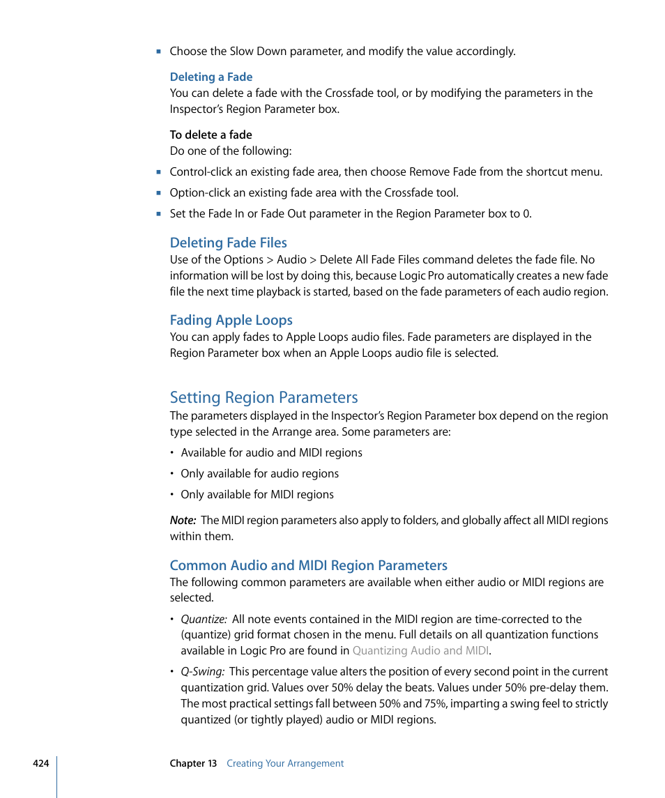 Deleting a fade, Deleting fade files, Fading apple loops | Setting region parameters, Common audio and midi region parameters | Apple Logic Pro 9 User Manual | Page 424 / 1340