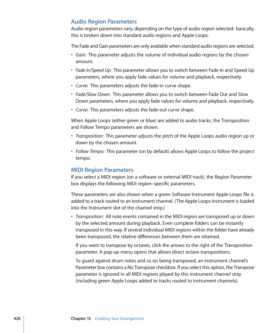 Audio region parameters, Midi region parameters | Apple Logic Pro 9 User Manual | Page 426 / 1340