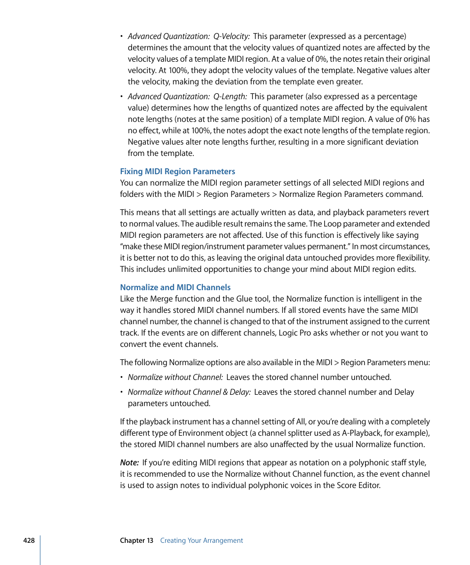 Fixing midi region parameters, Normalize and midi channels | Apple Logic Pro 9 User Manual | Page 428 / 1340