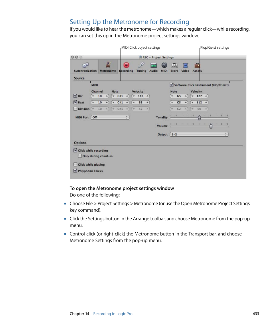 Setting up the metronome for recording | Apple Logic Pro 9 User Manual | Page 433 / 1340