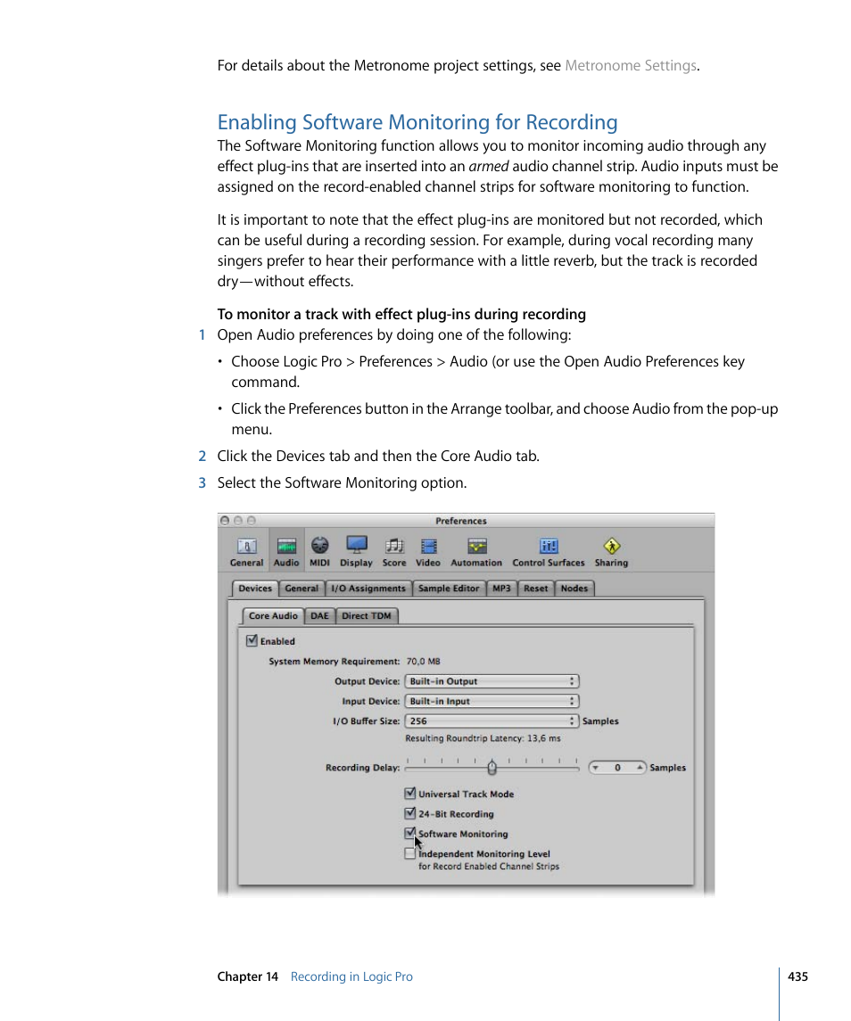 Enabling software monitoring for recording | Apple Logic Pro 9 User Manual | Page 435 / 1340