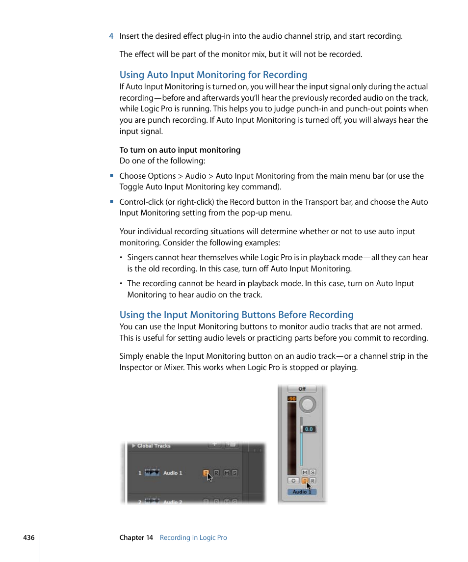 Using auto input monitoring for recording | Apple Logic Pro 9 User Manual | Page 436 / 1340