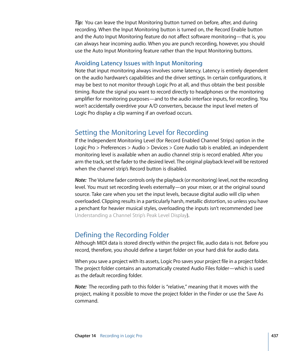 Avoiding latency issues with input monitoring, Setting the monitoring level for recording, Defining the recording folder | Apple Logic Pro 9 User Manual | Page 437 / 1340