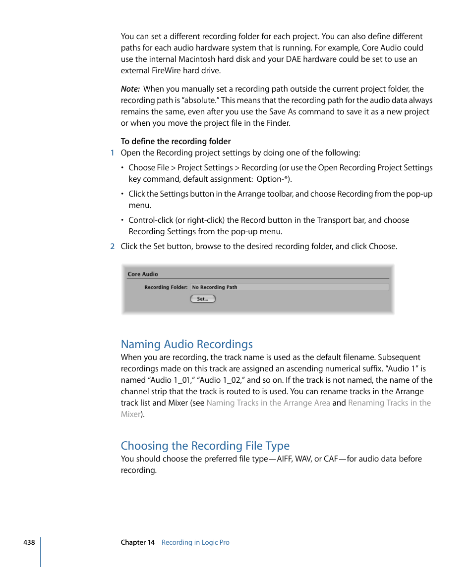 Naming audio recordings, Choosing the recording file type | Apple Logic Pro 9 User Manual | Page 438 / 1340