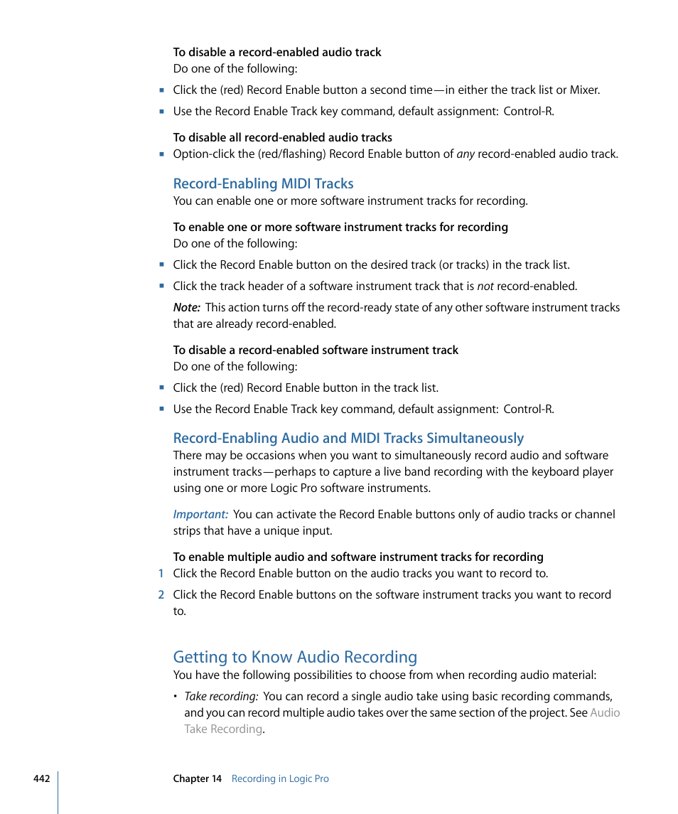 Record-enabling midi tracks, Getting to know audio recording | Apple Logic Pro 9 User Manual | Page 442 / 1340