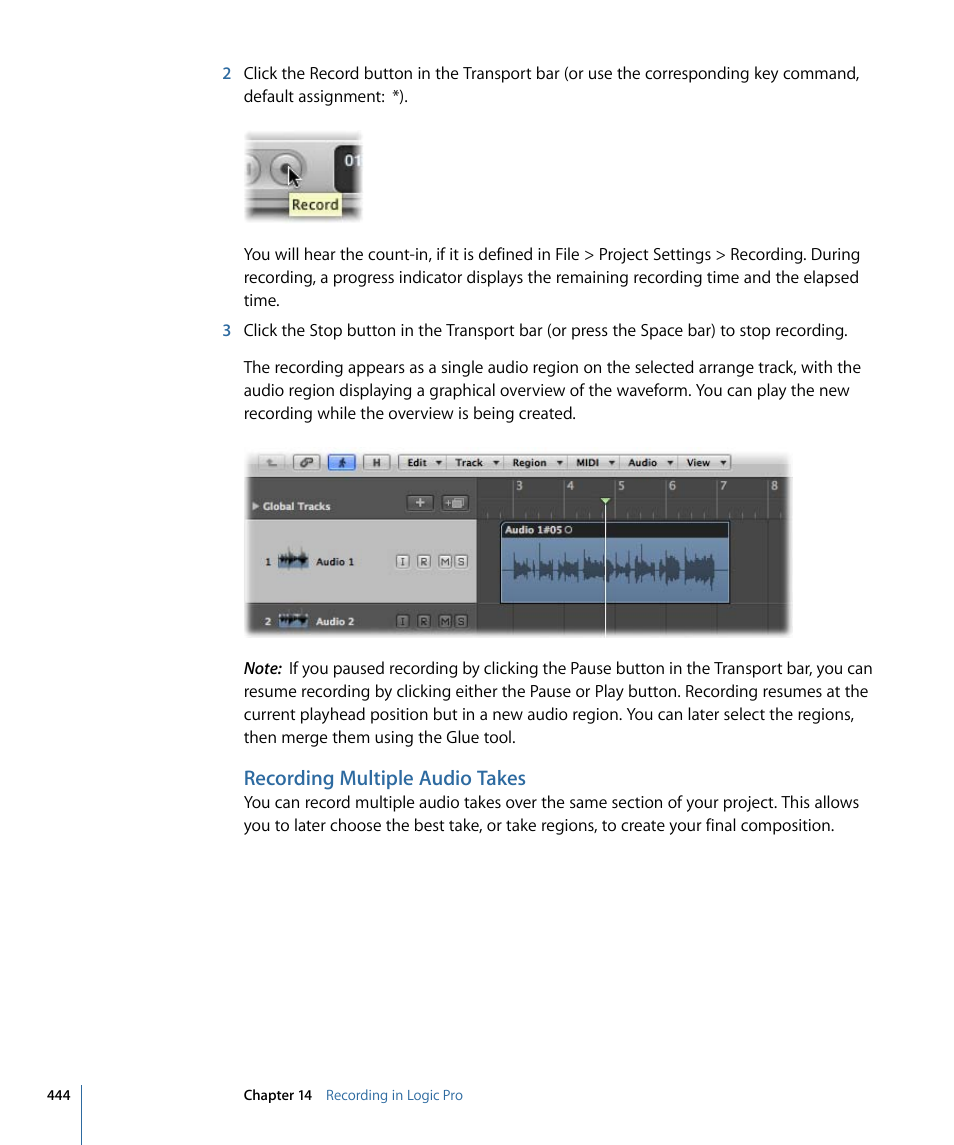 Recording multiple audio takes | Apple Logic Pro 9 User Manual | Page 444 / 1340