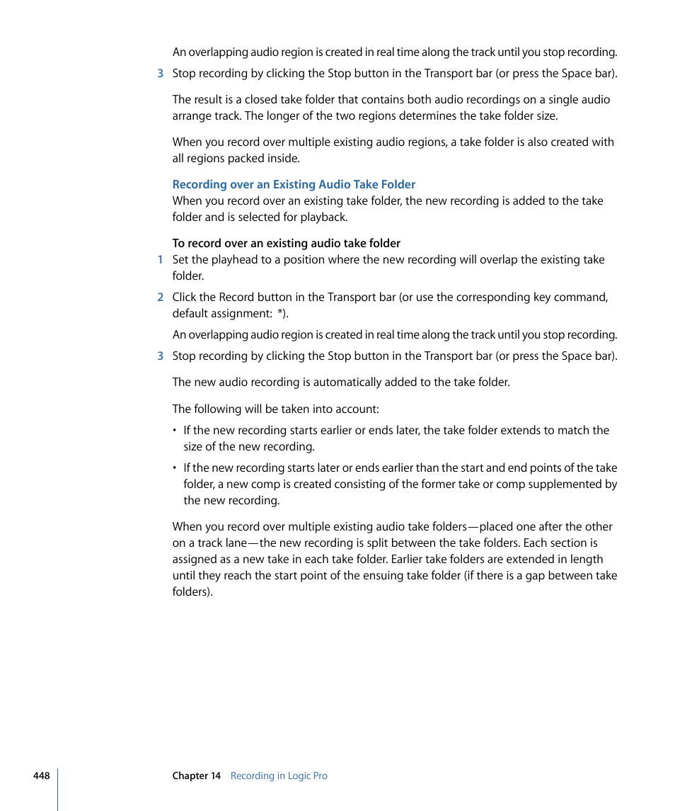 Recording over an existing audio take folder | Apple Logic Pro 9 User Manual | Page 448 / 1340
