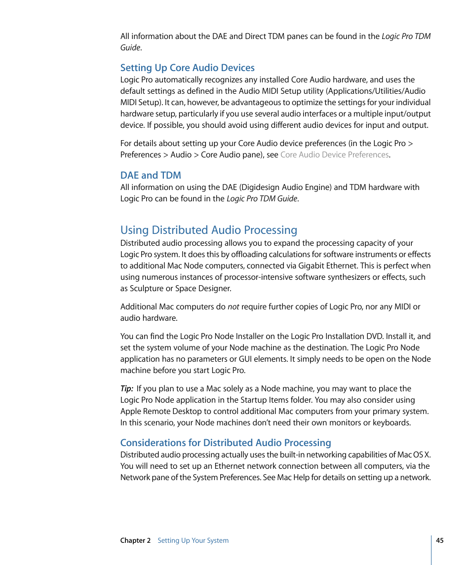 Setting up core audio devices, Dae and tdm, Using distributed audio processing | Considerations for distributed audio processing | Apple Logic Pro 9 User Manual | Page 45 / 1340