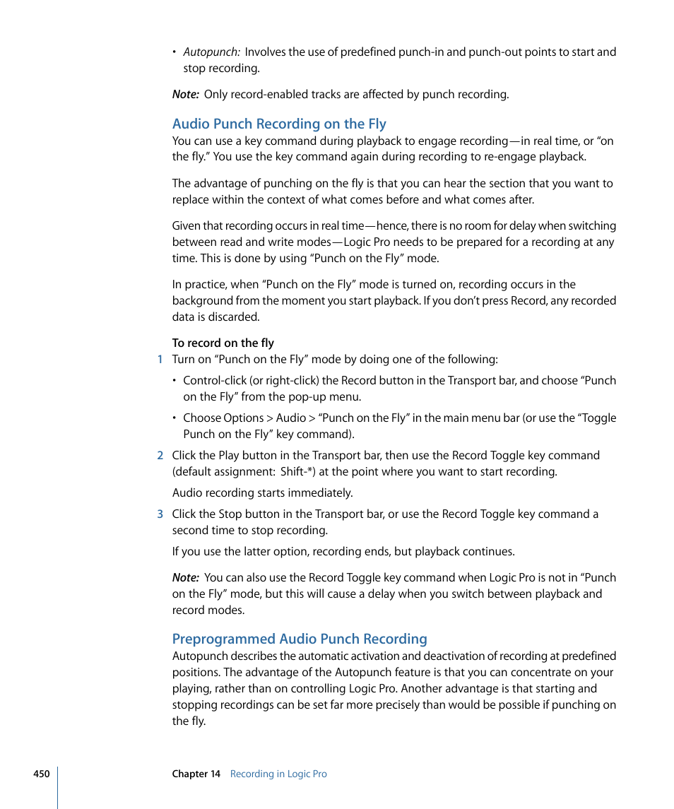 Audio punch recording on the fly, Preprogrammed audio punch recording | Apple Logic Pro 9 User Manual | Page 450 / 1340