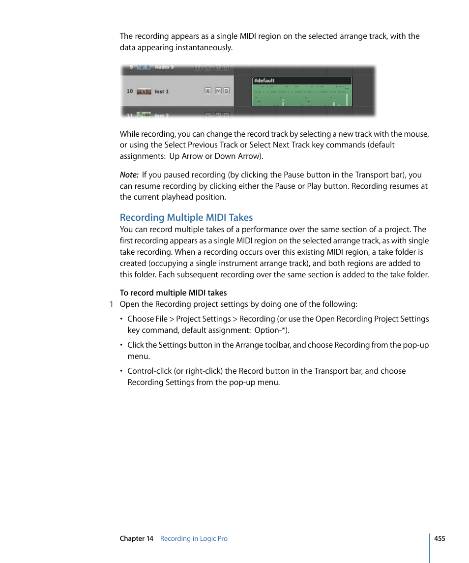 Recording multiple midi takes | Apple Logic Pro 9 User Manual | Page 455 / 1340