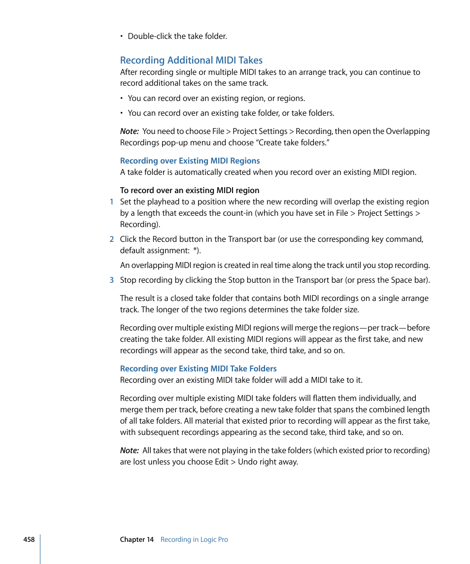 Recording additional midi takes, Recording over existing midi regions, Recording over existing midi take folders | Apple Logic Pro 9 User Manual | Page 458 / 1340