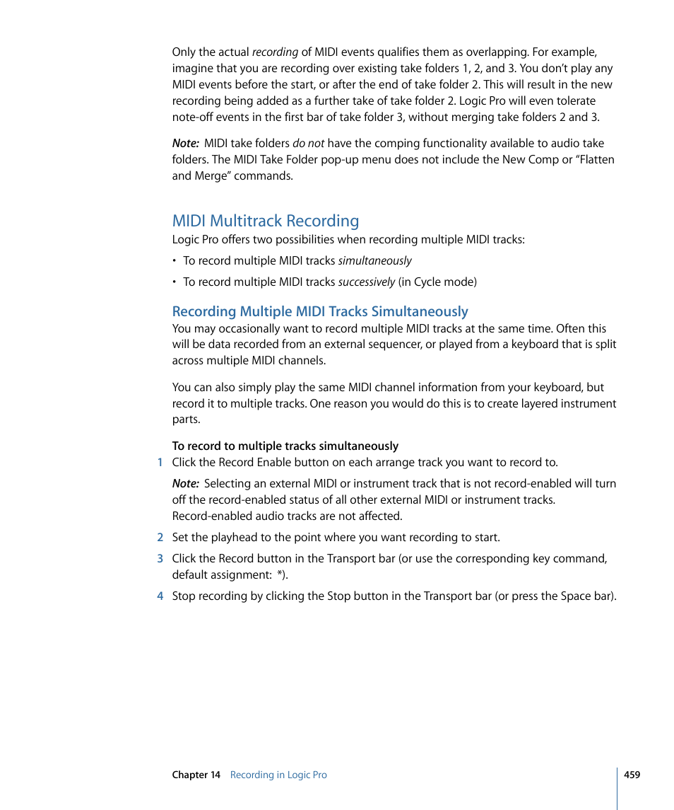 Midi multitrack recording, Recording multiple midi tracks simultaneously, Midi | Multitrack recording | Apple Logic Pro 9 User Manual | Page 459 / 1340