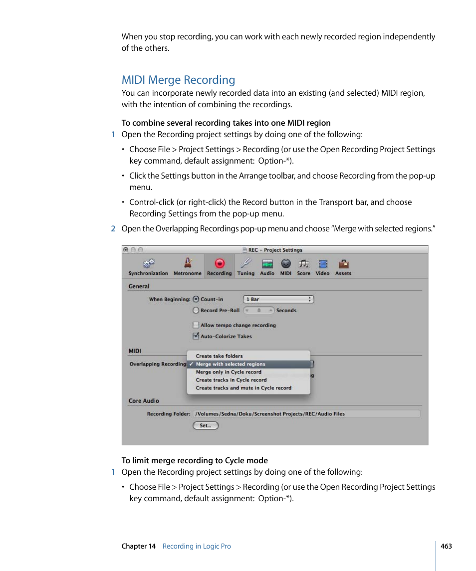 Midi merge recording | Apple Logic Pro 9 User Manual | Page 463 / 1340