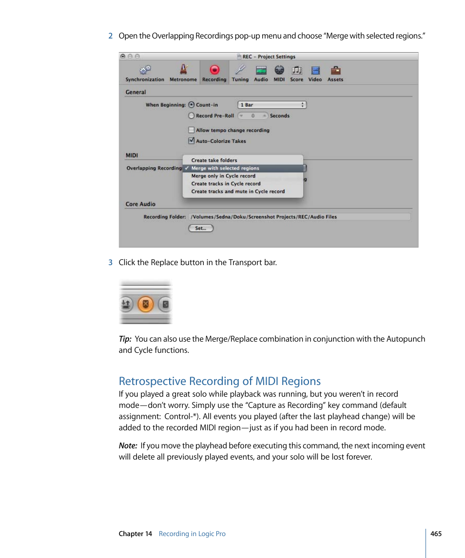 Retrospective recording of midi regions | Apple Logic Pro 9 User Manual | Page 465 / 1340