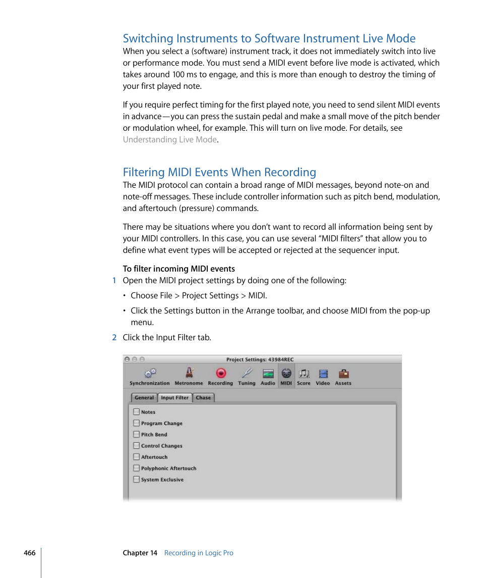 Filtering midi events when recording | Apple Logic Pro 9 User Manual | Page 466 / 1340