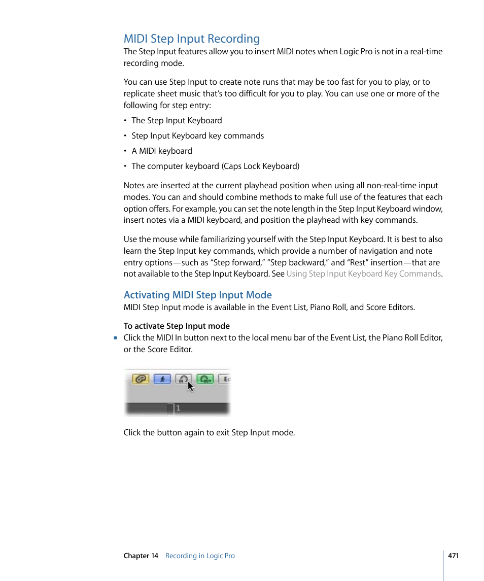 Midi step input recording, Activating midi step input mode, Midi | Step input recording | Apple Logic Pro 9 User Manual | Page 471 / 1340