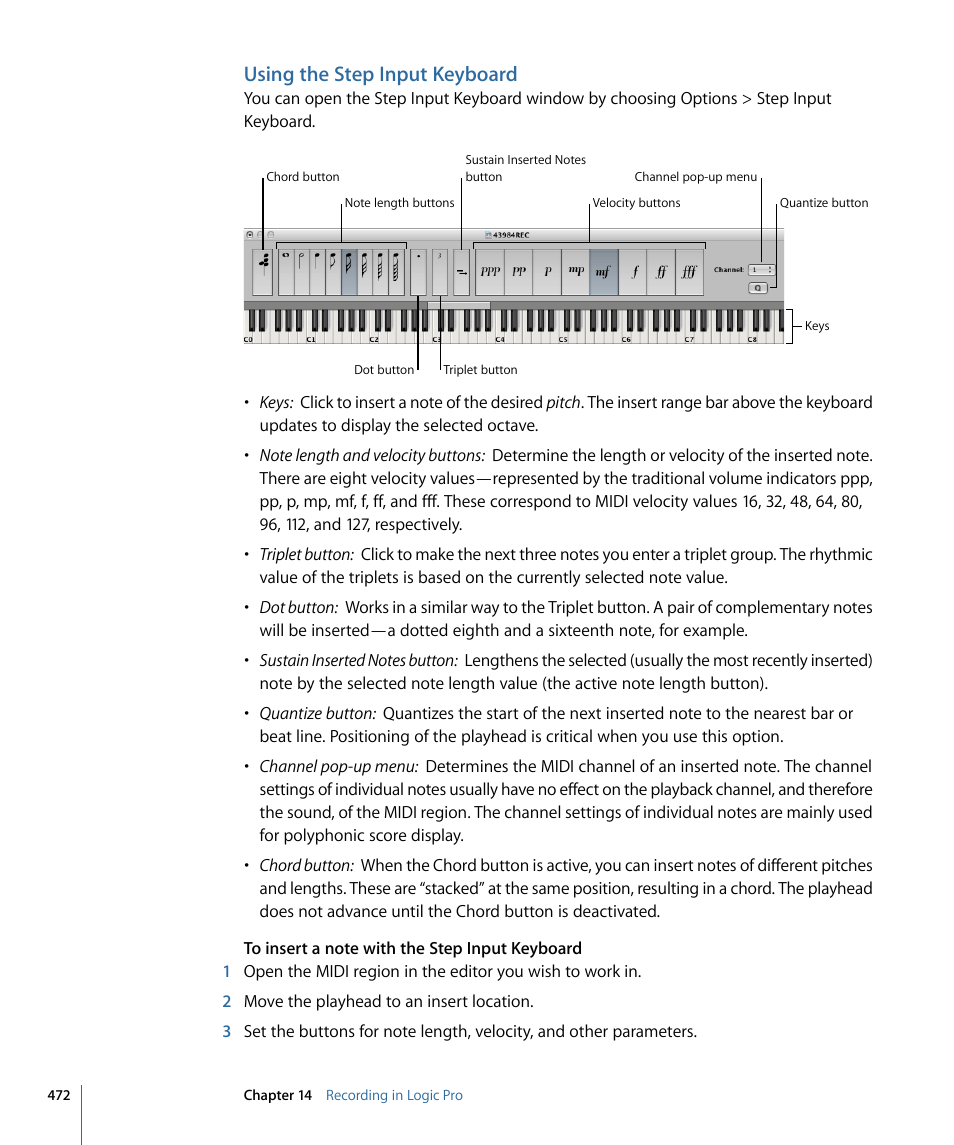 Using the step input keyboard | Apple Logic Pro 9 User Manual | Page 472 / 1340