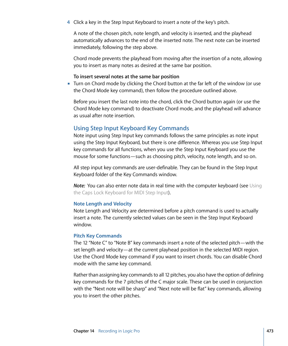 Using step input keyboard key commands, Note length and velocity, Pitch key commands | Apple Logic Pro 9 User Manual | Page 473 / 1340