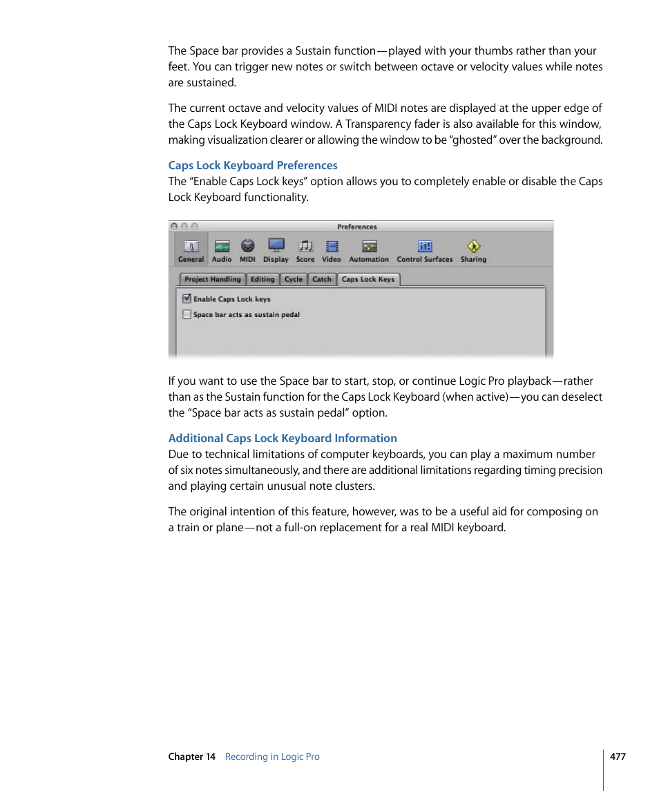 Caps lock keyboard preferences, Additional caps lock keyboard information | Apple Logic Pro 9 User Manual | Page 477 / 1340