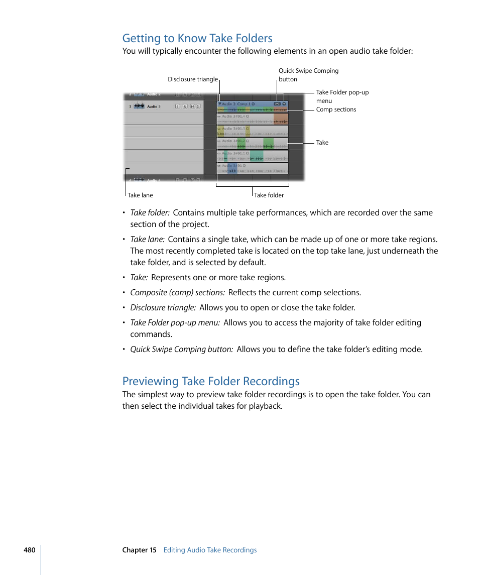 Getting to know take folders, Previewing take folder recordings | Apple Logic Pro 9 User Manual | Page 480 / 1340