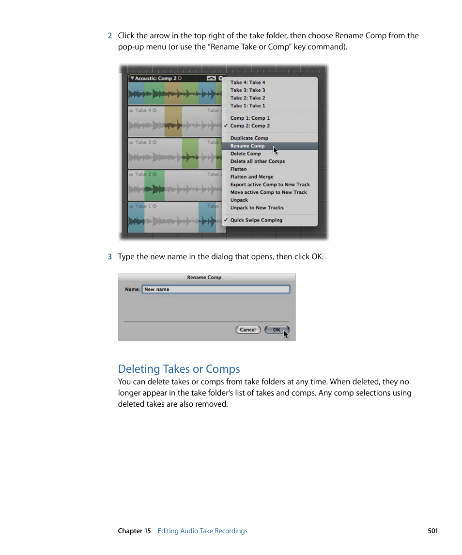 Deleting takes or comps | Apple Logic Pro 9 User Manual | Page 501 / 1340