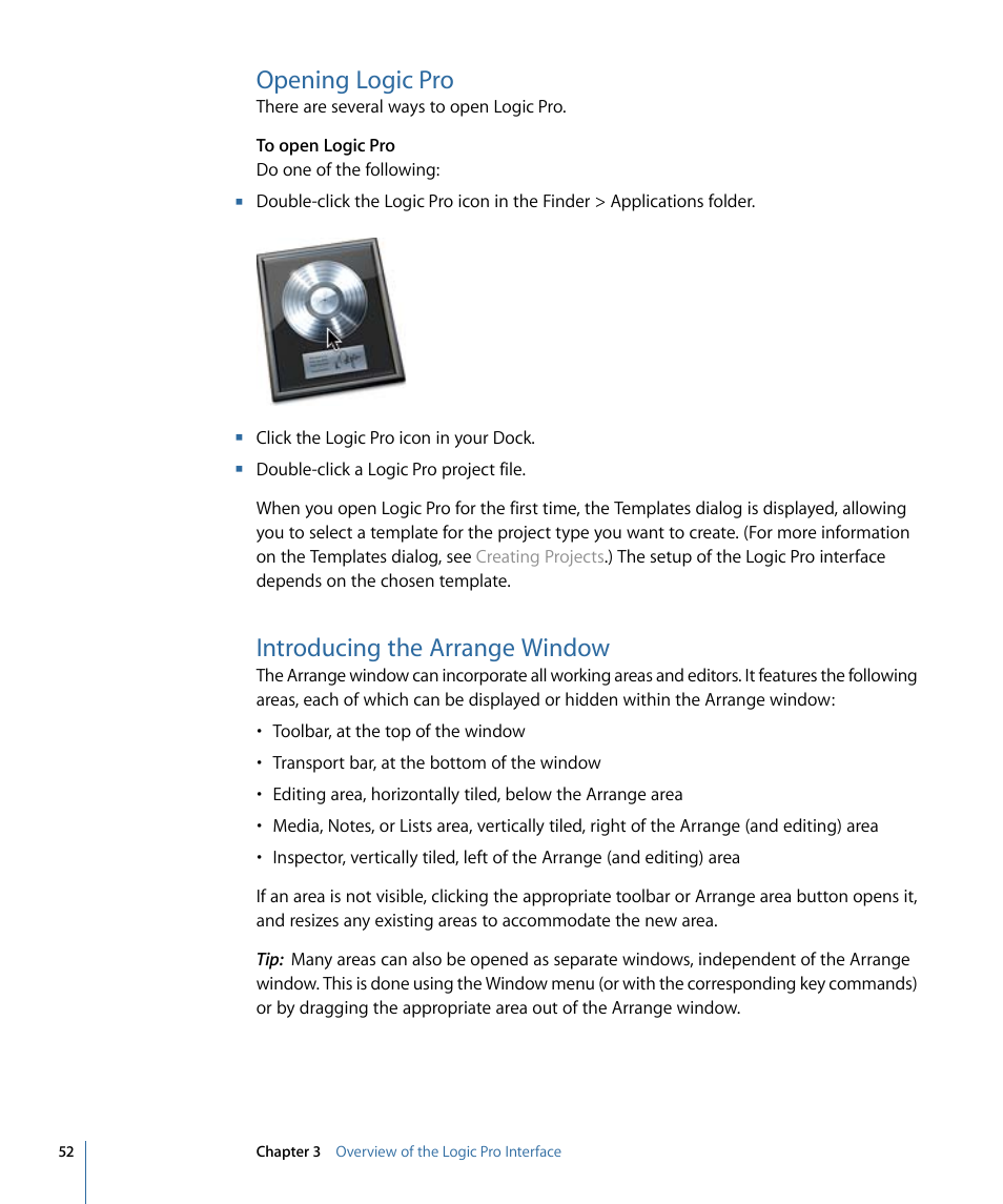 Opening logic pro, Introducing the arrange window | Apple Logic Pro 9 User Manual | Page 52 / 1340