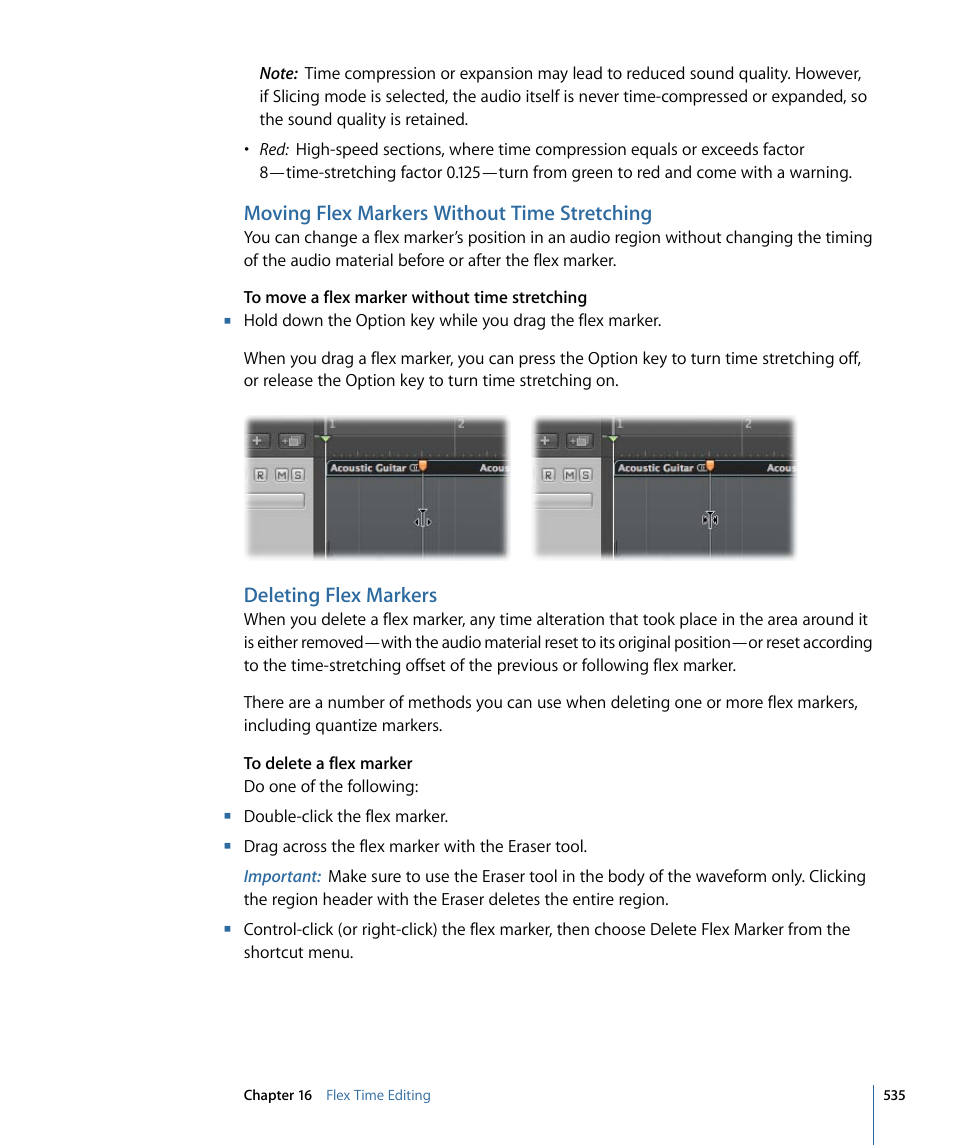 Moving flex markers without time stretching, Deleting flex markers | Apple Logic Pro 9 User Manual | Page 535 / 1340