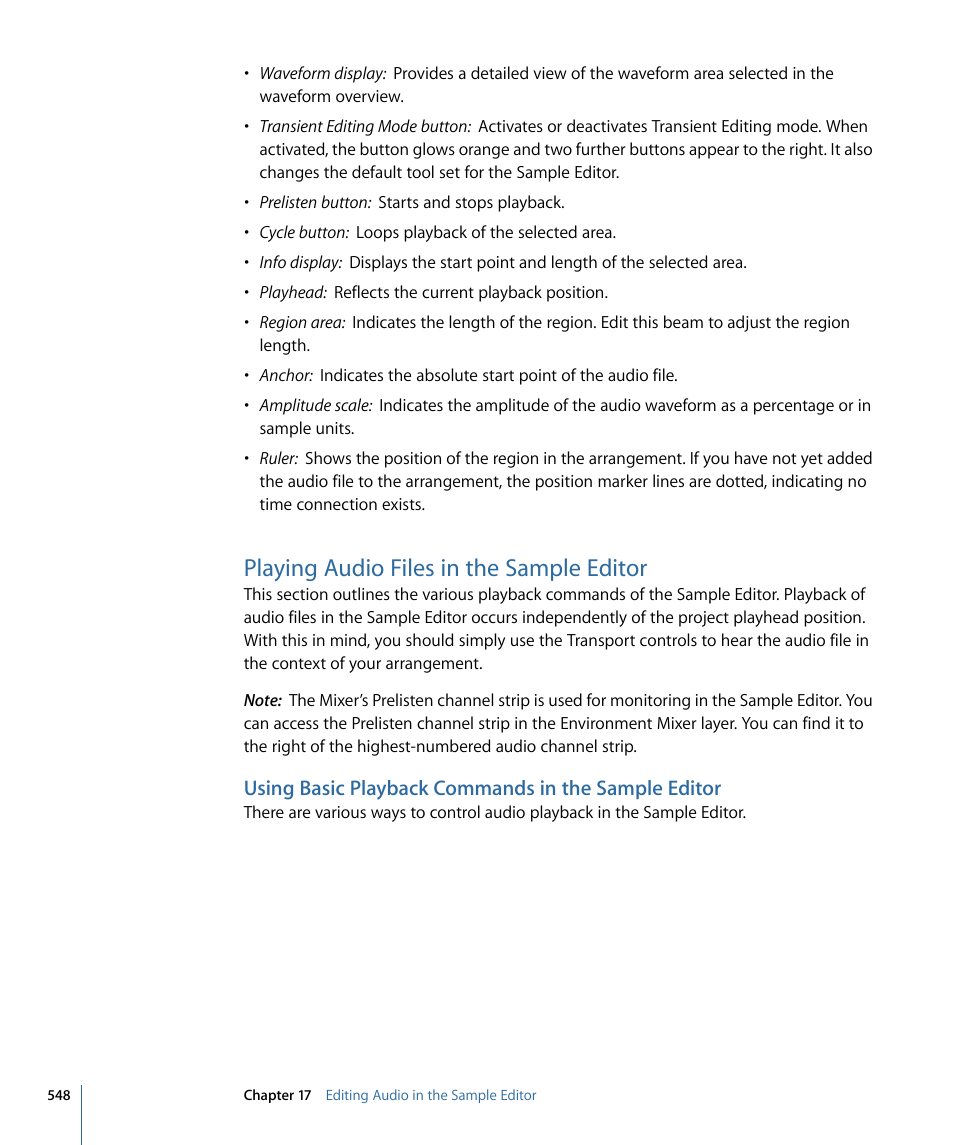 Playing audio files in the sample editor, Using basic playback commands in the sample editor | Apple Logic Pro 9 User Manual | Page 548 / 1340