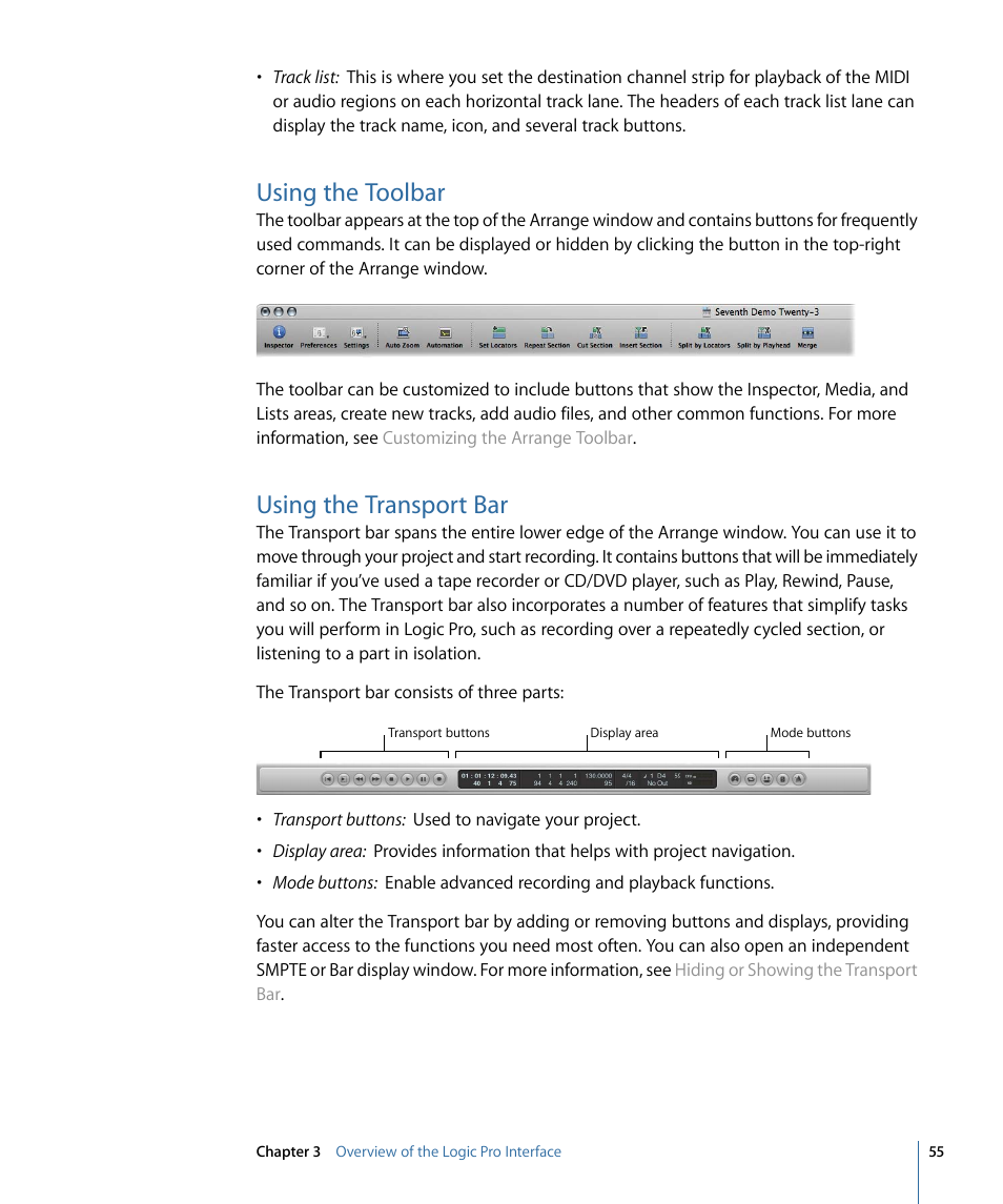 Using the toolbar, Using the transport bar | Apple Logic Pro 9 User Manual | Page 55 / 1340