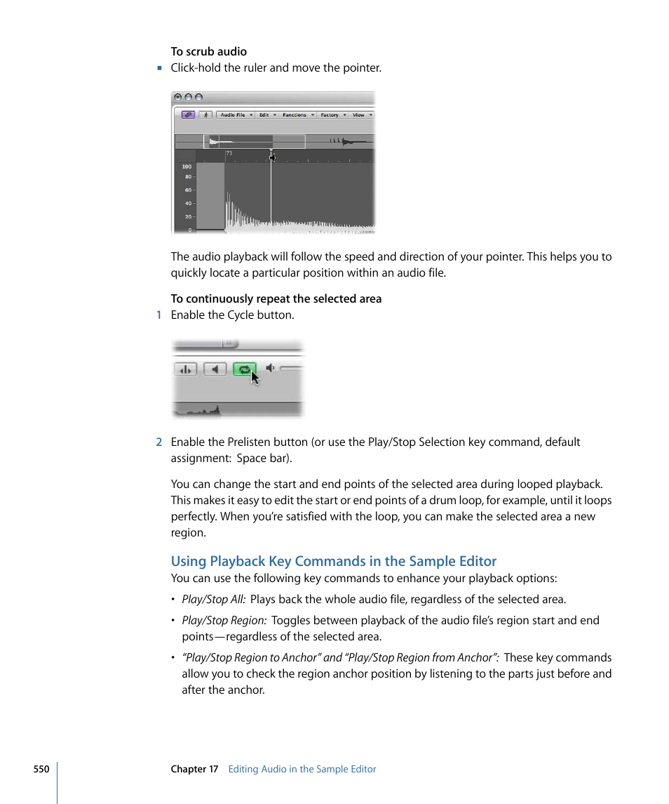 Using playback key commands in the sample editor | Apple Logic Pro 9 User Manual | Page 550 / 1340
