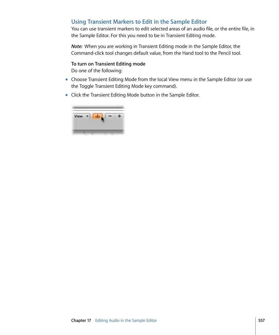 Using transient markers to edit in the, Sample editor | Apple Logic Pro 9 User Manual | Page 557 / 1340