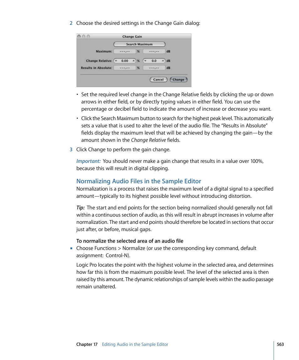 Normalizing audio files in the sample editor | Apple Logic Pro 9 User Manual | Page 563 / 1340