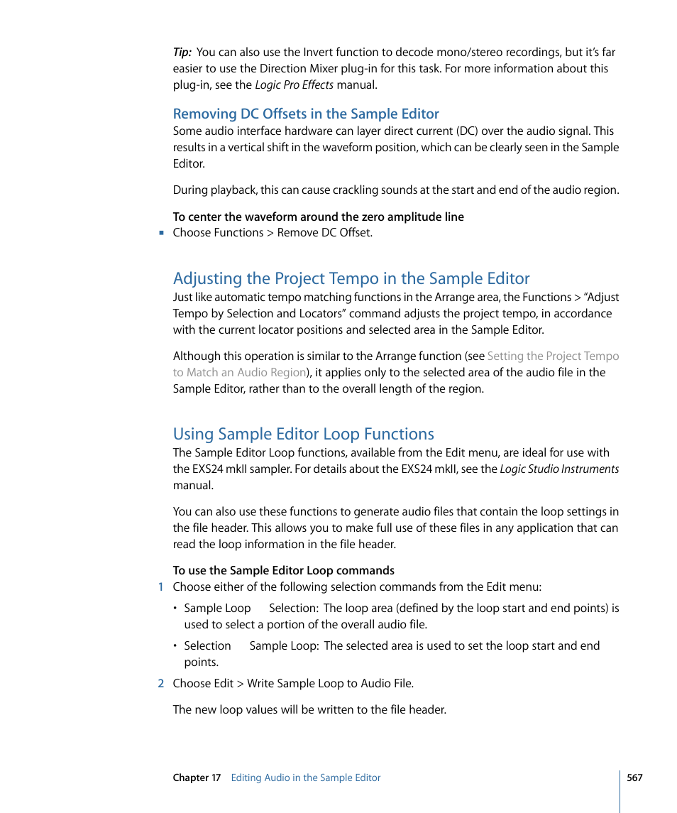Removing dc offsets in the sample editor, Adjusting the project tempo in the sample editor, Using sample editor loop functions | Apple Logic Pro 9 User Manual | Page 567 / 1340