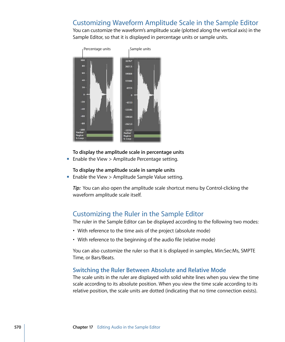 Customizing the ruler in the sample editor, Customizing the ruler in the sample, Editor | Apple Logic Pro 9 User Manual | Page 570 / 1340