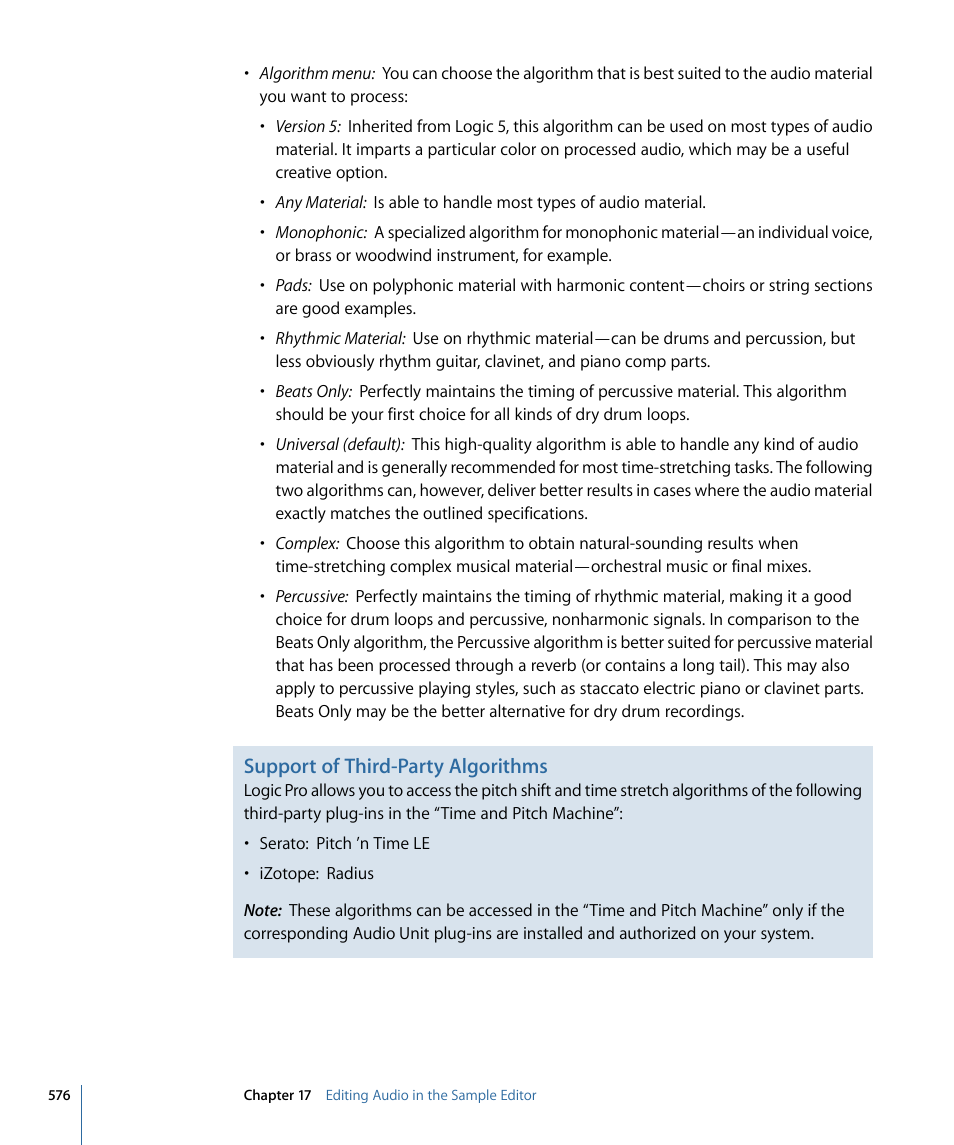 Support of third-party algorithms | Apple Logic Pro 9 User Manual | Page 576 / 1340