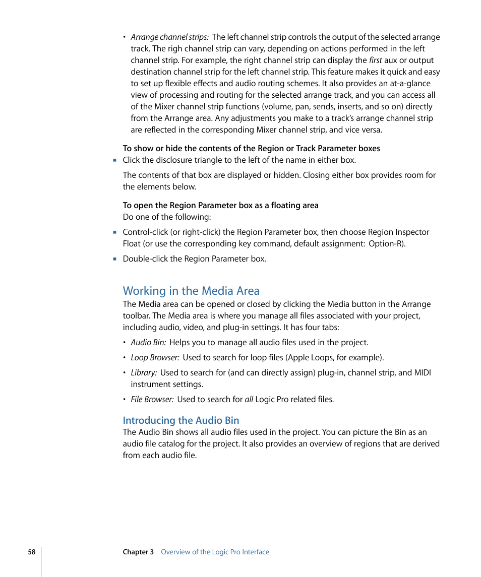 Working in the media area, Introducing the audio bin | Apple Logic Pro 9 User Manual | Page 58 / 1340