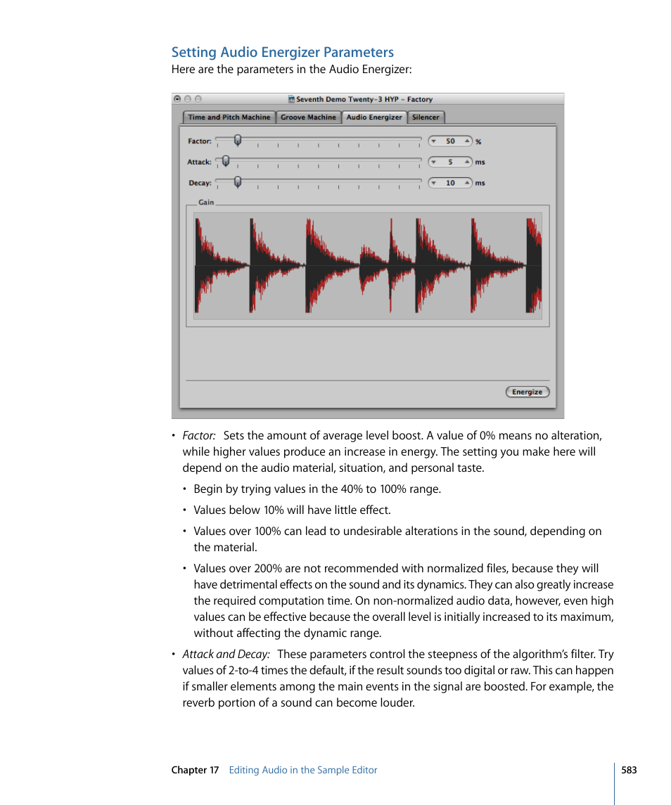 Setting audio energizer parameters | Apple Logic Pro 9 User Manual | Page 583 / 1340